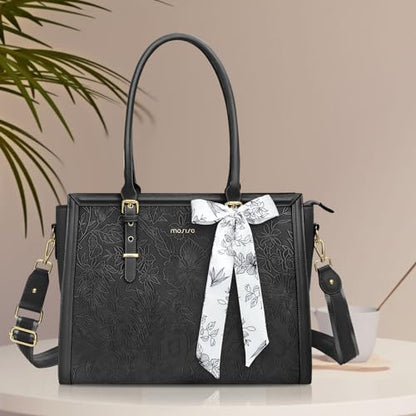 MOSISO Laptop Bag for Women, 15.6-16 inch PU Leather Tote Bag Compatible with MacBook, HP, Dell, Asus Notebook, Front Embossed Retro Hibiscus Computer Bags with Silk Scarf&Clutch Purse, Black - color: Black, size: 16 inch
