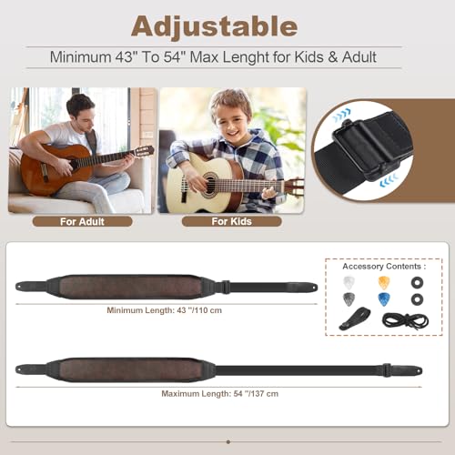 Guitar Straps for Electric Guitar Bass, Smooth Guitar Strap, 3" Wide Padded Straps with 3D Sponge Filling, Comes with 4 Picks + 2 Strap Locks + 1 Headstock Tie + 1 Tie Rope, Brown - color: Smooth Brown