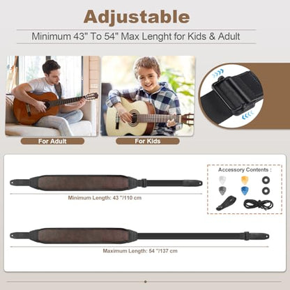 Guitar Straps for Electric Guitar Bass, Smooth Guitar Strap, 3" Wide Padded Straps with 3D Sponge Filling, Comes with 4 Picks + 2 Strap Locks + 1 Headstock Tie + 1 Tie Rope, Brown - color: Smooth Brown