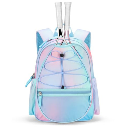 Choco Mocha Kids Tennis Bag, 16 Inch Youth & Junior Tennis Backpack with Shoe Compartment, Holds 2 Rackets (21–23 Inch) - color: Dot Blue Pink