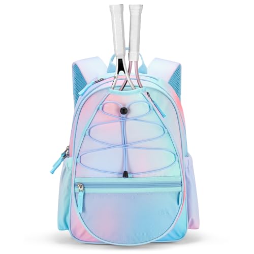 Choco Mocha Kids Tennis Bag, 16 Inch Youth & Junior Tennis Backpack with Shoe Compartment, Holds 2 Rackets (21–23 Inch) - color: Dot Blue Pink