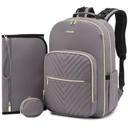 LOVEVOOK Diaper Bag Backpack, Quilted Baby Bag with Changing Pad & Pacifier Holder, Waterproof Travel Diaper Bags for Baby Boys Girls, Stylish and Large Capacity, Purple Grey - color: Purple Grey