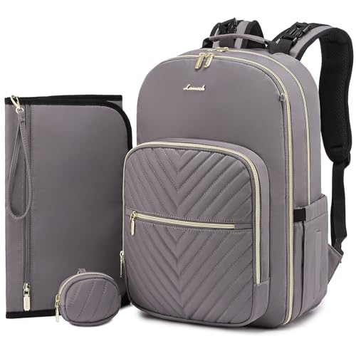 LOVEVOOK Diaper Bag Backpack, Quilted Baby Bag with Changing Pad & Pacifier Holder, Waterproof Travel Diaper Bags for Baby Boys Girls, Stylish and Large Capacity, Purple Grey - color: Purple Grey