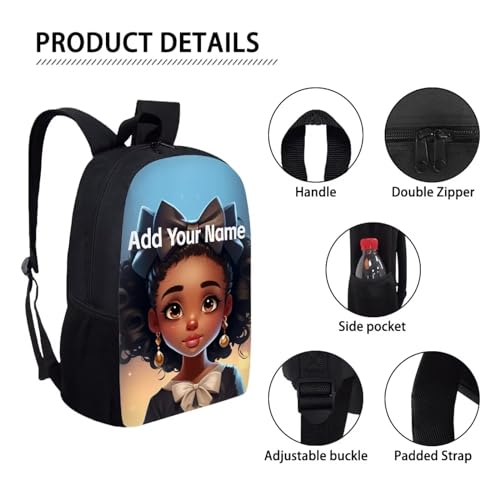 Personalized Backpacks for Girls 4-6/8-10 Afro Book Bag Kids Bookbag Girls 1st Grade/2nd Grade Custom Name School Bag with Water Bottles - color: African Black Girl-11
