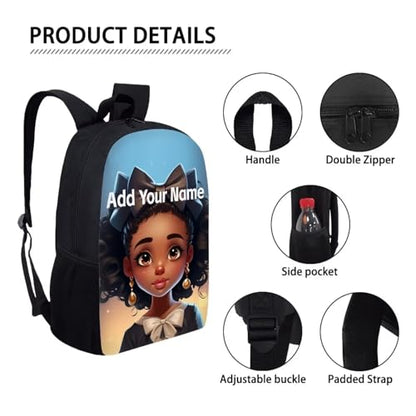 Personalized Backpacks for Girls 4-6/8-10 Afro Book Bag Kids Bookbag Girls 1st Grade/2nd Grade Custom Name School Bag with Water Bottles - color: African Black Girl-11