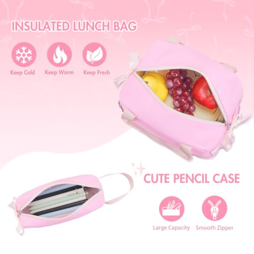 Kids Backpack for Girls - 3PCS Cute Embroidered Bow Girls Backpack with Insulated Lunch Bag & Pencil Case - Bookbag for Teen Women Middle High School College Work Travel Daypack - color: Pink Beige