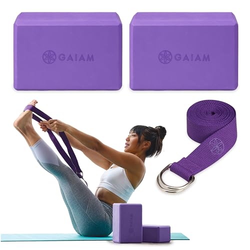 Gaiam Yoga Block - Supportive Latex-Free Eva Foam - Soft Non-Slip Surface with Beveled Edges for Yoga, Pilates, Meditation - color: Deep Pueple, style: 2 Blocks W/Strap