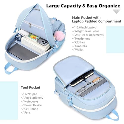 Backpack for Girls with Accessories Laptop Bookbags 16 Inch Kawaii Kids Elementary Middle High School Bag College Travel Daypack Gifts for Teens Women Students (Blue) - color: Blue