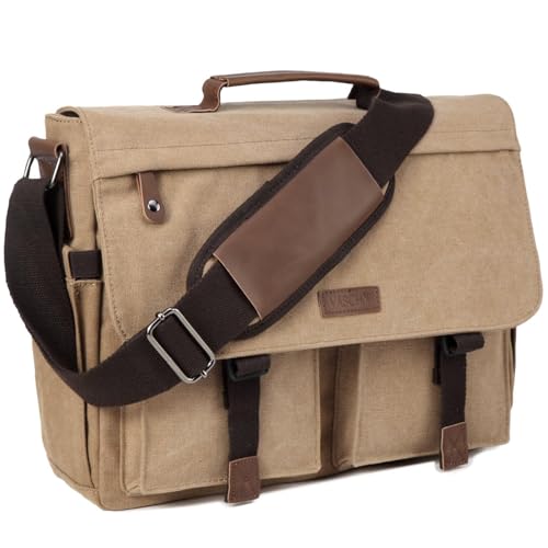 Messenger Bag for Men,VASCHY Vintage Water Resistant Canvas Satchel 14 15.6 17inch Laptop Briefcase - color: 14inch-camel