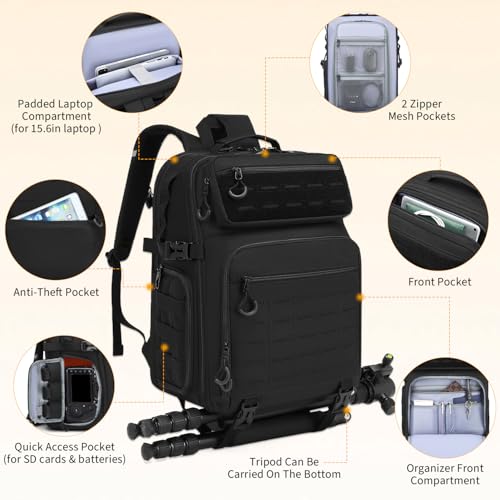 HAMBOLY Professional Camera Bag Backpack, Large Waterproof Photography Bag Case for DSLR/SLR/Mirrorless Camera with Tripod Holder/15.6’’ Laptop Compartment/Rain Cover - color: Black