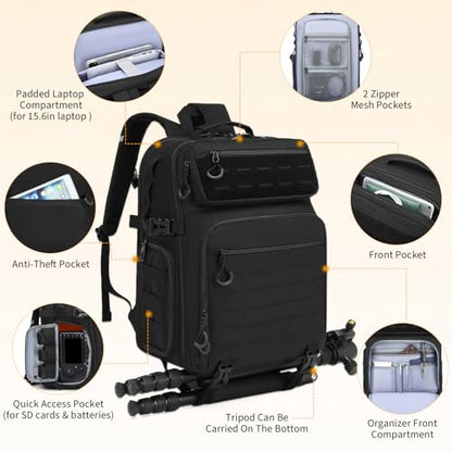 HAMBOLY Professional Camera Bag Backpack, Large Waterproof Photography Bag Case for DSLR/SLR/Mirrorless Camera with Tripod Holder/15.6’’ Laptop Compartment/Rain Cover - color: Black