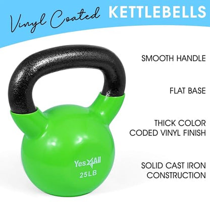 Yes4All Kettlebell, Vinyl Coated Kettlebell Cast Iron Sets with Stable Flat Bottom for Full Body Workout, Push up, Grip Strength Training & Weights Exercises - color: Multicolor, style: 15 - 25lb