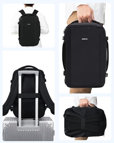 ECOHUB 40L Carry-On Travel Backpack, TSA-Friendly, Anti-Theft Water-Resistant Lightweight with 17.3″ Laptop Compartment, Durable PFAS-Free Rucksack, Black - color: Black