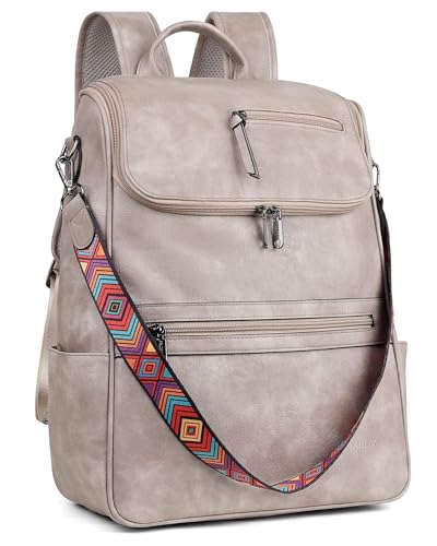 FADEON Laptop Backpack for Women Leather Travel Backpack with Laptop Compartment, Designer PU Shoulder Laptop Bag Grey - color: Grey Retro Style