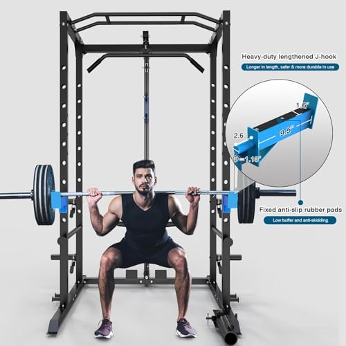 ULTRA FUEGO Power Cage, Multi-Functional Power Rack with J-Hooks, Dip Handles, Landmine Attachment and Optional Cable Pulley System for Home Gym - size: 240LB Weights Package+Flat Bench