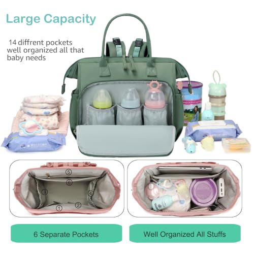 LORADI Large Diaper Bag Tote, Hospital Bag, Baby Shower Essential | 14 Pockets, Convertible, Stroller Clips, 3 Insulated Pockets, Water-resistant, Easy to Clean - color: Green, size: Large-20L