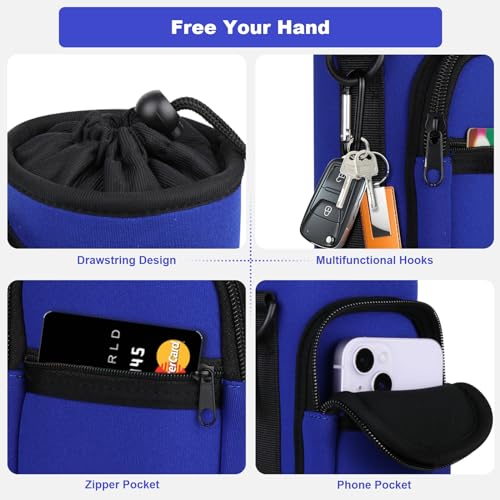 Water Bottle Holder with Strap, Water Bottle Carrier Bag with Phone Pocket, Shoulder Hand Strap Insulated Neoprene 32/40 oz Water Bottle Sleeve for Walking Hiking Camping Gym - color: 3 BLUE, size: under 32oz
