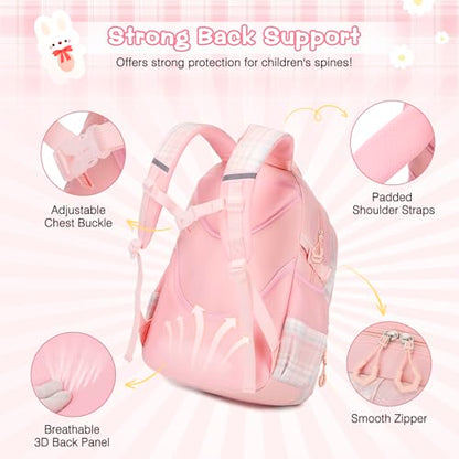 3PCS School Backpack for Girls, Girls Backpack with Lunch Box, Pencil Case, Cute Kawaii Plaid Book Bag for Teen Girl Kindergarten Elementary Preschool Middle High School, Pink - color: Pink