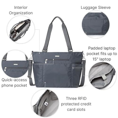 Baggallini Essential Laptop Tote - Work Tote Bag with Laptop Sleeve - Lightweight Travel Crossbody Shoulder Bag for Women - color: Charcoal Gray