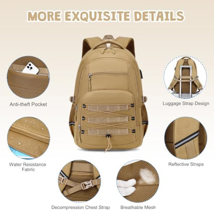 ACESAK Camo Backpack for Boys, Tactical Kids Backpack Boys, School Bags for Boy Children Teens Kids Elementary Middle High School, Military Bookbag and Lunch Bag Pencil Case Set with USB Charging Port - color: Khaki
