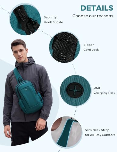 ECOHUB Small Crossbody Bags for Women Men, Anti-Theft RFID Blocking Sling Backpack with Sturdy SBS Zippers Water Resistant Chest Shoulder Bag Daypack with 9 Pockets Travel Work Hiking, Teal - color: Small-turquoise