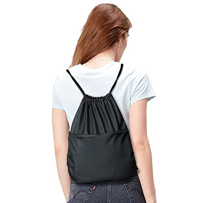 Drawstring Backpack Sports Water Resistant String Bag Sport Gym Sackpack for Women Men Large with Zipper, Black - color: Black