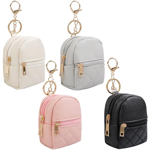 AIBFRID 4Pcs Mini Backpack Keychain,Cute Cosmetic Bag for Women Mother's Day,PU Leather Makeup Bag Key Pocket Lipstick Bag Card Holder Data Cable Organizer Zipper Pouch (black beige pink gray) - color: black beige pink gray