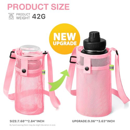 BINSUNS 2 Pcs Large Water Bottle Bag with Strap, Mesh Water Bottle Carrier Holder Crossbody Water Sling Bag Shoulder Strap and Pocket - Walking Sports Hiking Camping (Black+Pink) - color: Black+Pink, size: 2 Pcs-Large