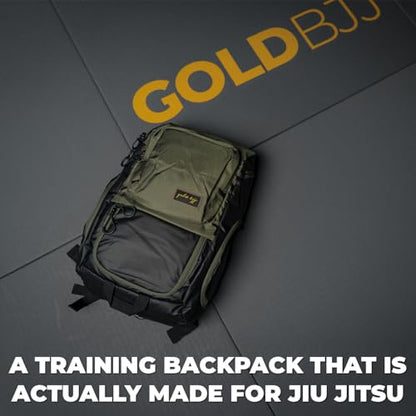 Gold BJJ Jiu Jitsu Backpack - Heavy Duty Gym Bag with Waterproof Gi Pocket - color: Olive