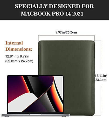 MoKo Laptop Sleeve Compatible with New Mac Pro 14 Inch M5/4/3/2/1 2026-2021, Slim Stylish Laptop Bag Made of PU Leather, Fliz Sleeve Case, Carry Bag for 14 Inch Mac, Midnight Green - color: Midnight Green, size: 14 Inch