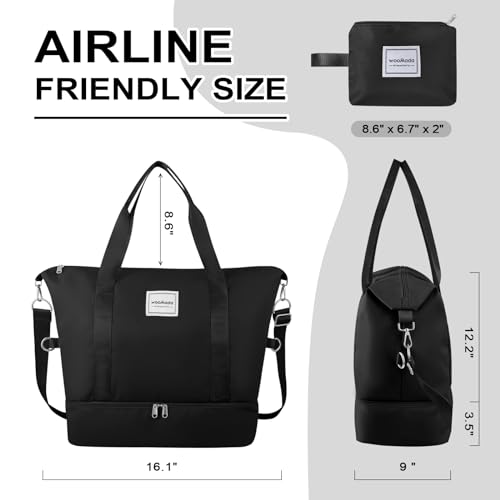 WOOMADA Weekender Bag for Women, Travel Duffel Bags with Shoe Compartment & Wet Pocket, Personal Item Bag for Airlines - color: Black