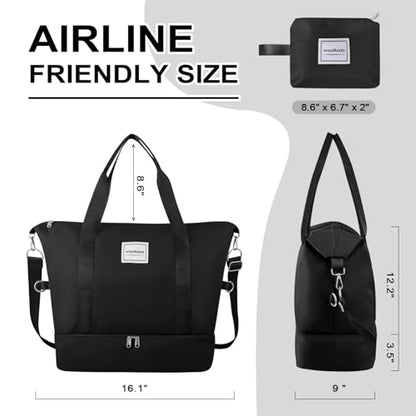 WOOMADA Weekender Bag for Women, Travel Duffel Bags with Shoe Compartment & Wet Pocket, Personal Item Bag for Airlines - color: Black