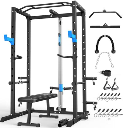ULTRA FUEGO Power Cage, Multi-Functional Power Rack with J-Hooks, Dip Handles, Landmine Attachment and Optional Cable Pulley System for Home Gym - size: Power Cage with Pulley System and Flat Bench