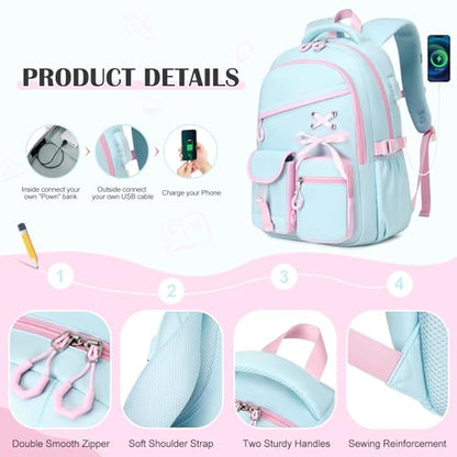 DIGOBAY Backpacks for Girls - 3PCS Girls Backpack with Lunch Box & Pencil Pouch School Backpacks for Elementary Middle High College School Bookbag for Teen Girl Kids Students Aquamarine-pink - color: Aquamarine-pink