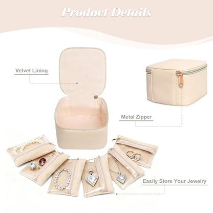 Travel Jewelry Case Small Jewelry Box Organizer with 6 Velvet Jewelry Zipper Pockets Bag Portable Travel Jewelry Storage Birthday Gifts for Women Rings Earrings Necklaces