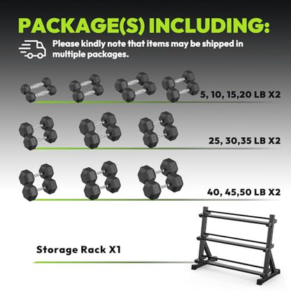 HANDBODE 3-Tier Dumbbell Rack Stand, 1000LB Capacity Storage Rack, Weight Rack for Dumbbells, Kettlebell, 390–700 lb Rubber Coated Fixed Weight Sets, Home Gym Strength Training Equipment - color: 550 lb Set (5-50 lb) *2 & Rack