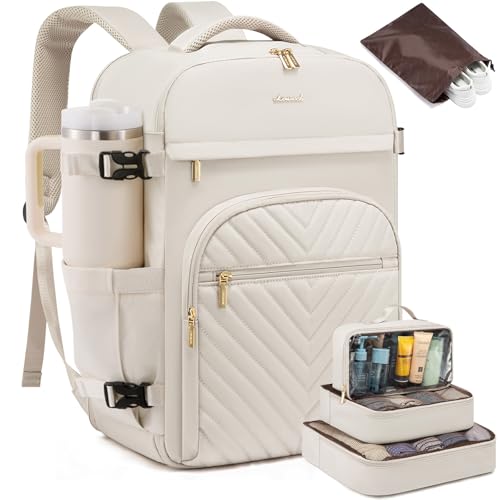 LOVEVOOK Large Travel Backpack for Women, 50L Carry on Backpack for Airplanes, TSA Personal Item Travel Bag for Women fits 18" Laptop, Waterproof Carry on Bags with 4 Packing Cubes - color: Beige_, size: 50L-5Pcs