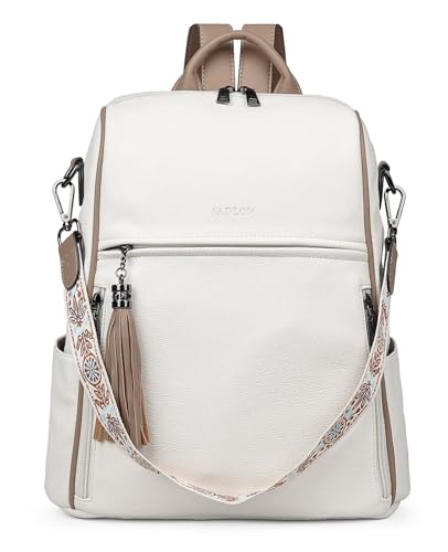 FADEON Leather Backpack Purse for Women Designer Travel Backpack Purses PU Fashion Ladies Shoulder Bag with Tassel - color: 1 White Retro Style