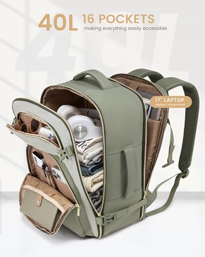LOVEVOOK Travel Essentials Carry on Backpack 40L Travels Backpack for Women,Waterproof TSA Personal Item Travels Bag Airline Flight Approved,Large Carry on Luggage Laptop Backpack with Packing Cubes - color: Bean Green - Light Yellow - Dark Olive Green, s