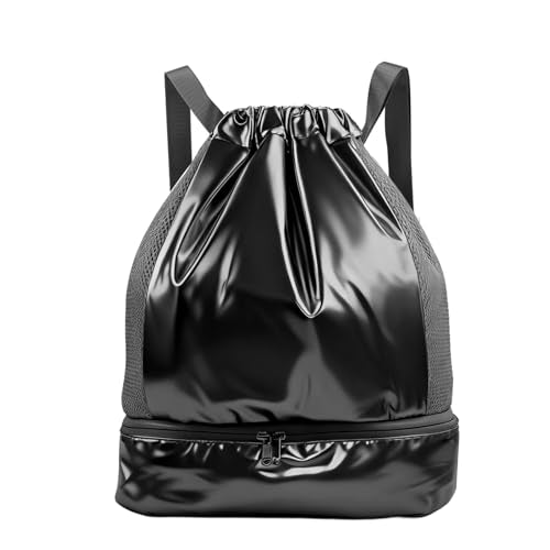Sports Drawstring Backpack for Women, Pearlized Waterproof Swim Gym Bag with Shoes Compartment and Wet Proof Pocket, Pull String Baackpack Beach Cinch,Black