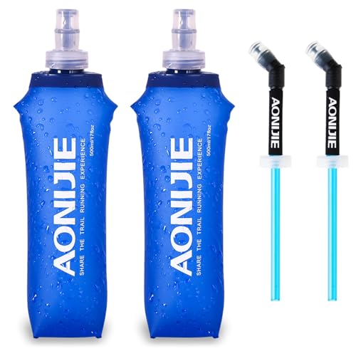 TRIWONDER Collapsible Water Bottles TPU Soft Flask Running Bottles BPA-Free Sports Flasks for Hiking Climbing Camping (500ml/16.91oz with Straws - Pack of 2) - color: 500ml/16.91oz with Straws - Pack of 2