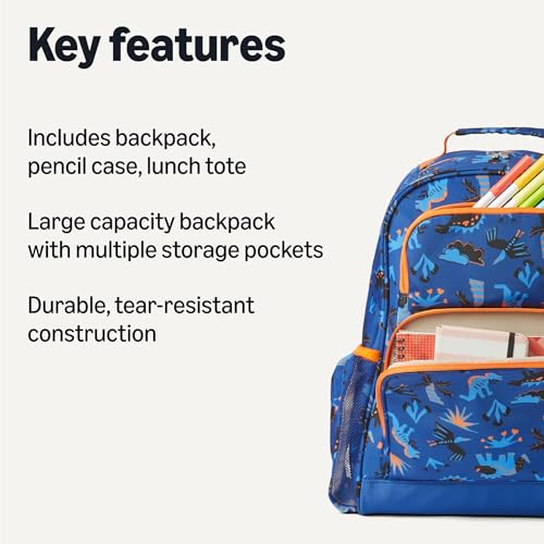 Amazon Essentials Kids School Backpack Set with Lunch Tote and Pencil Case, Multi-Pocket Tear-Resistant Student Daypack, Blue Navy, 3-Piece Set - color: Blue with prints, size: 3-Piece Set