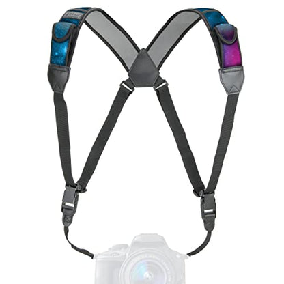 USA Gear DSLR Camera Strap Chest Harness with Quick Release Buckles, Galaxy Neoprene Pattern and Accessory Pockets - Compatible with Canon, Nikon, Sony and More Point and Shoot and Mirrorless Cameras - color: Galaxy
