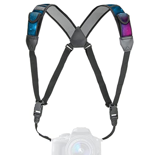USA Gear DSLR Camera Strap Chest Harness with Quick Release Buckles, Galaxy Neoprene Pattern and Accessory Pockets - Compatible with Canon, Nikon, Sony and More Point and Shoot and Mirrorless Cameras - color: Galaxy