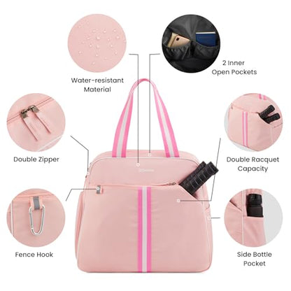 G4Free Pickleball Tote Bag for Women with Shoe Compartment, Fits 2 Paddles - color: Pink