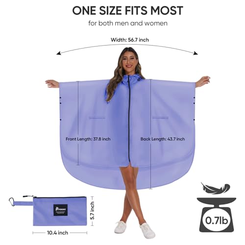 PTEROMY Hooded Rain Poncho for Adult with Pocket and Zipper, Waterproof Lightweight Raincoat for Men and Women - color: Purple
