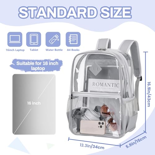 MUSEVOS Clear Backpack, Heavy Duty See Through Daypack for Travel, Work, Security, Concerts, College Transparent PVC bookback Stadium Approved, Grey - color: Grey