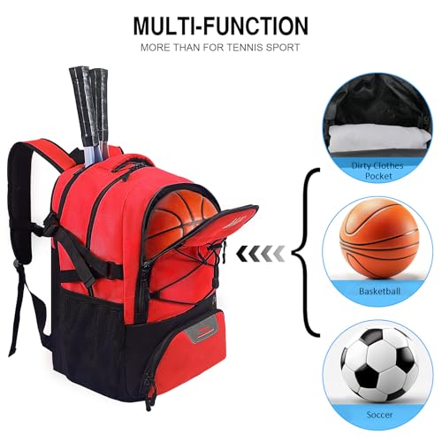 WOLT Tennis Bag - Large Tennis Racket Backpack for Men & Women - Ventilated Shoe Compartment - Holds 2 Rackets - color: Red