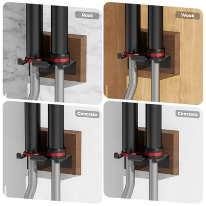 Barbell Wall Mount, Olympic Barbell Holder for Garage Gym, Vertical Bar Rack with Wooden Spacer Pad - Black Powder Coated Iron & Rubber Wood Base, Anti-Scratch Wall Protection & Extra Stability on Uneven Walls - Space Saving Home Gym Accessory, Barbell St