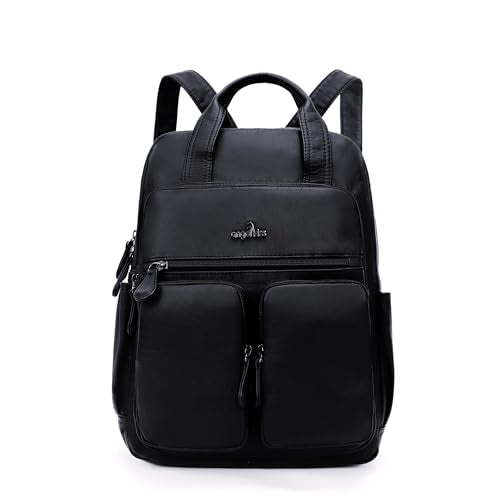 Angel Kiss Backpack Purse for Women Soft Washed Leather Multi Pocket Casual Travel Backpacks… - color: Black